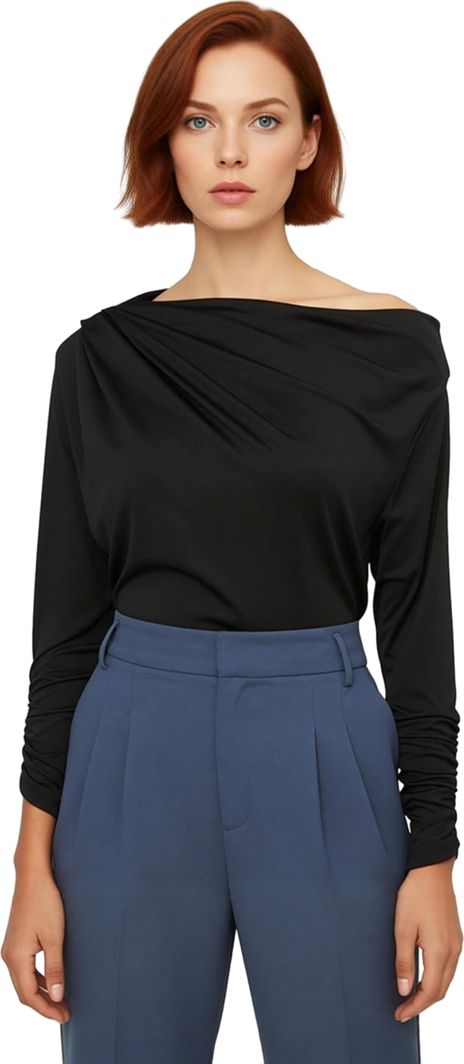 Moda Asimetrik Yaka Örme Regular Düz Desen Resmi Regular Uzun Kol Bluz