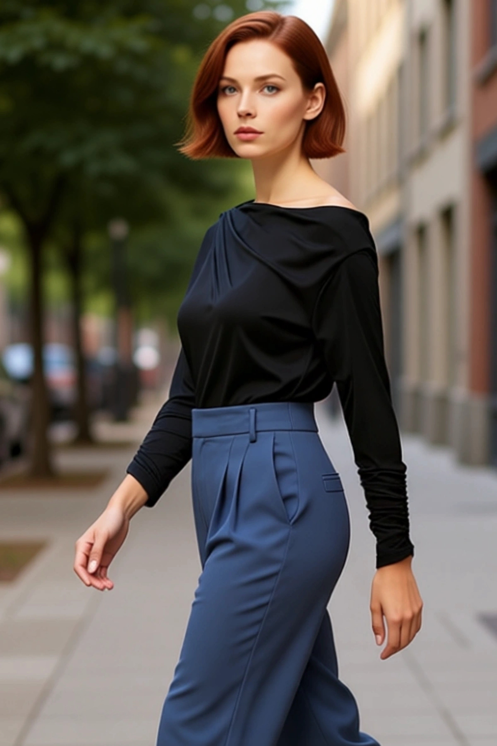 Moda Asimetrik Yaka Örme Regular Düz Desen Resmi Regular Uzun Kol Bluz