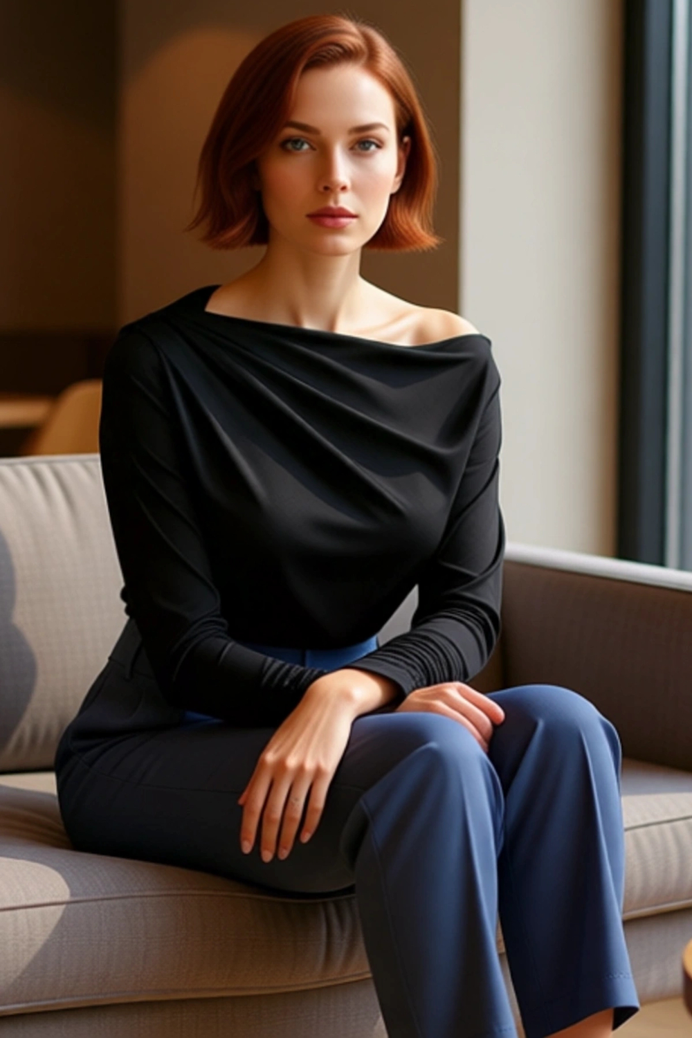 Moda Asimetrik Yaka Örme Regular Düz Desen Resmi Regular Uzun Kol Bluz
