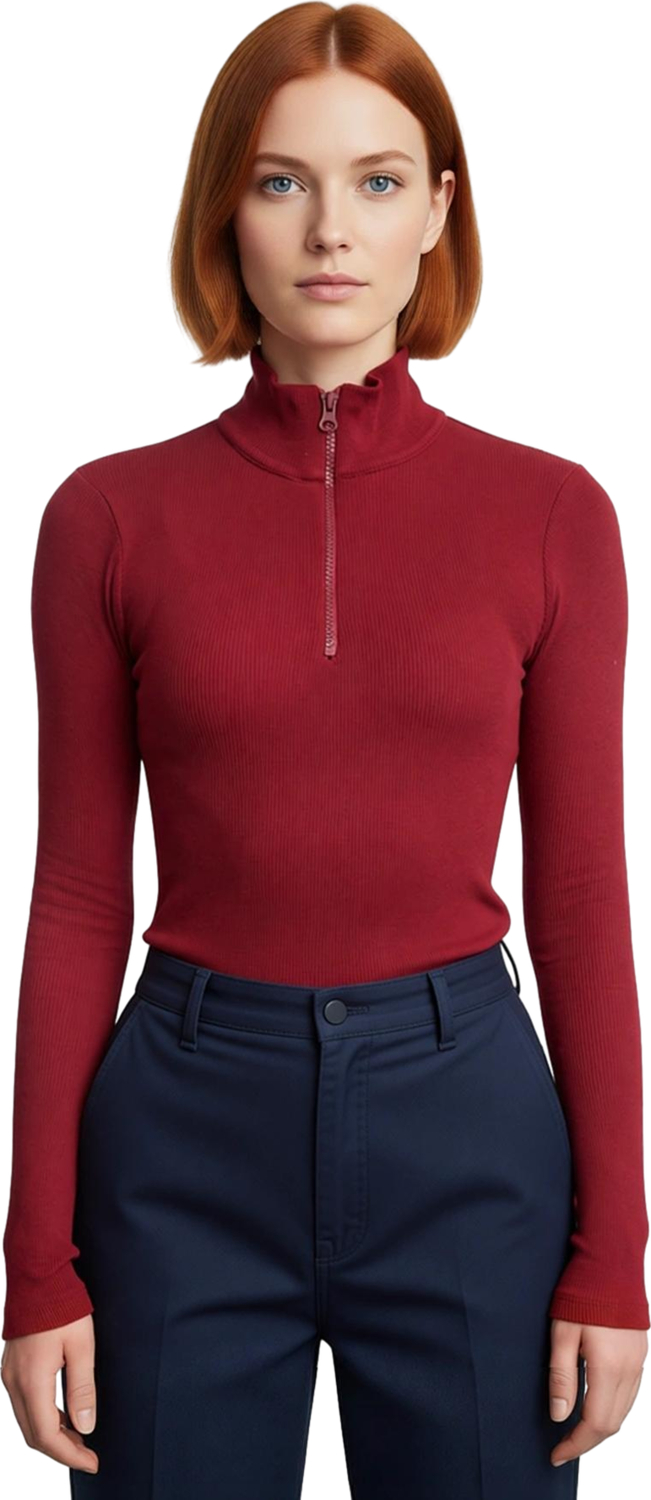 Kadın Fermuarlı Dik Yaka Uzun Kollu Esnek Örme Bluz Vücuda Oturan Basic Siluet Cool & Comfort Tarzı