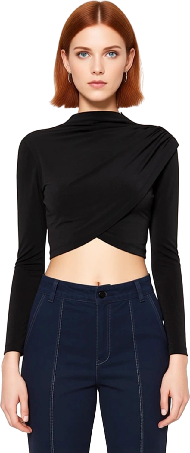 Moda Dik Yaka Örme Slim Düz Desen Şık gece Crop Uzun Kol Bluz