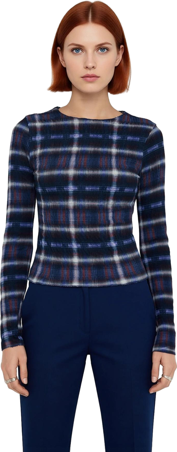 Kadın Slim Fit Ekose Desenli Bisiklet Yaka Uzun Kollu Örme Bluz Kaliteli Şık Rahat Modern Zarif