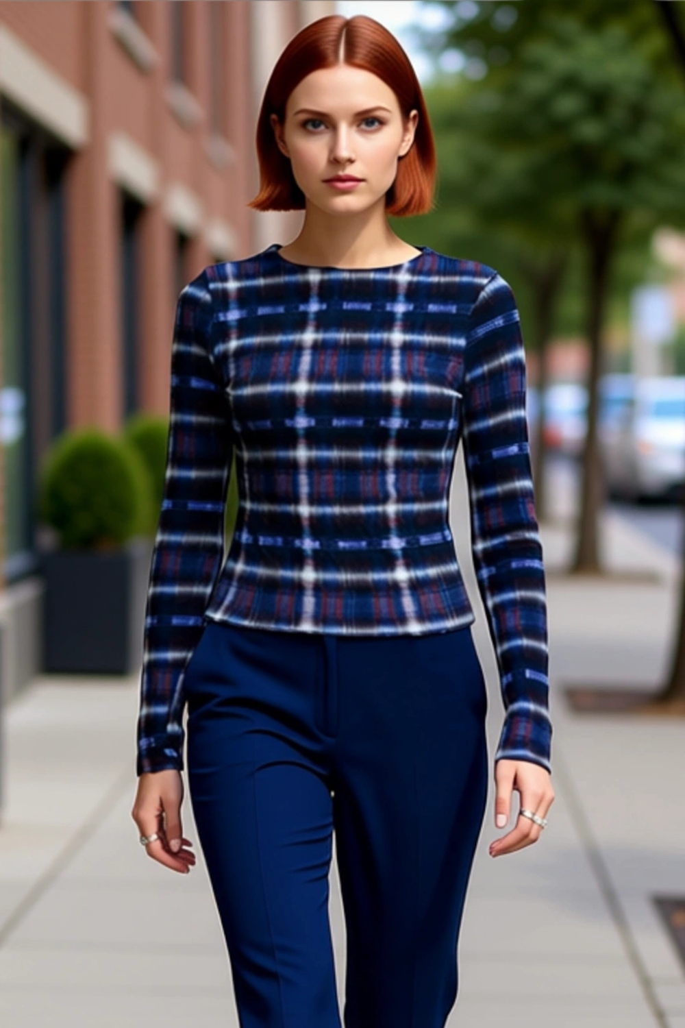 Kadın Slim Fit Ekose Desenli Bisiklet Yaka Uzun Kollu Örme Bluz Kaliteli Şık Rahat Modern Zarif