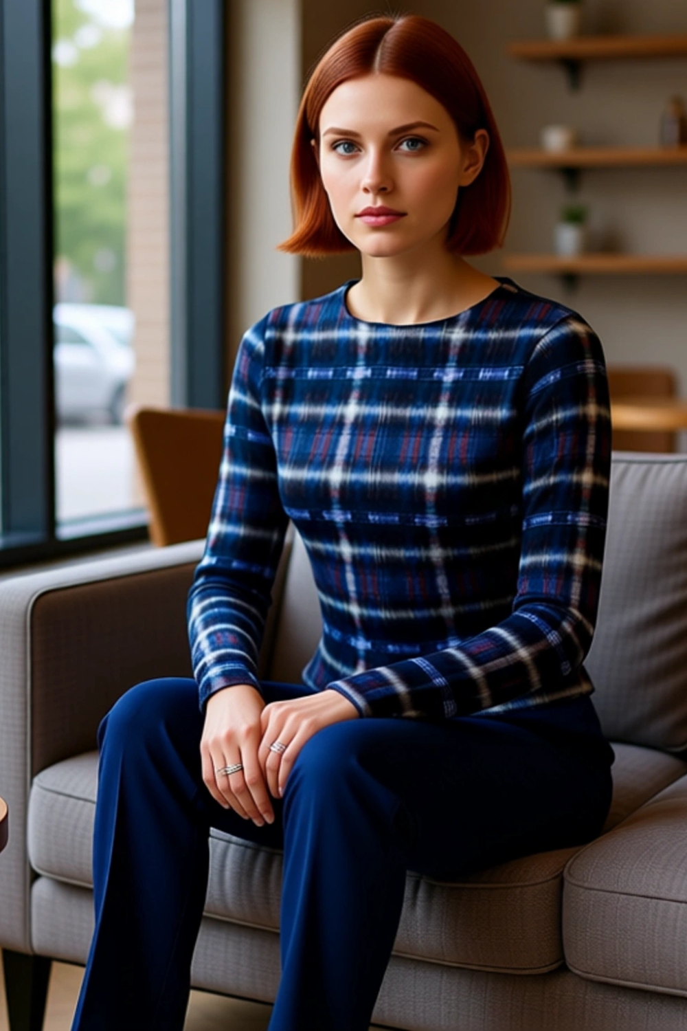 Kadın Slim Fit Ekose Desenli Bisiklet Yaka Uzun Kollu Örme Bluz Kaliteli Şık Rahat Modern Zarif