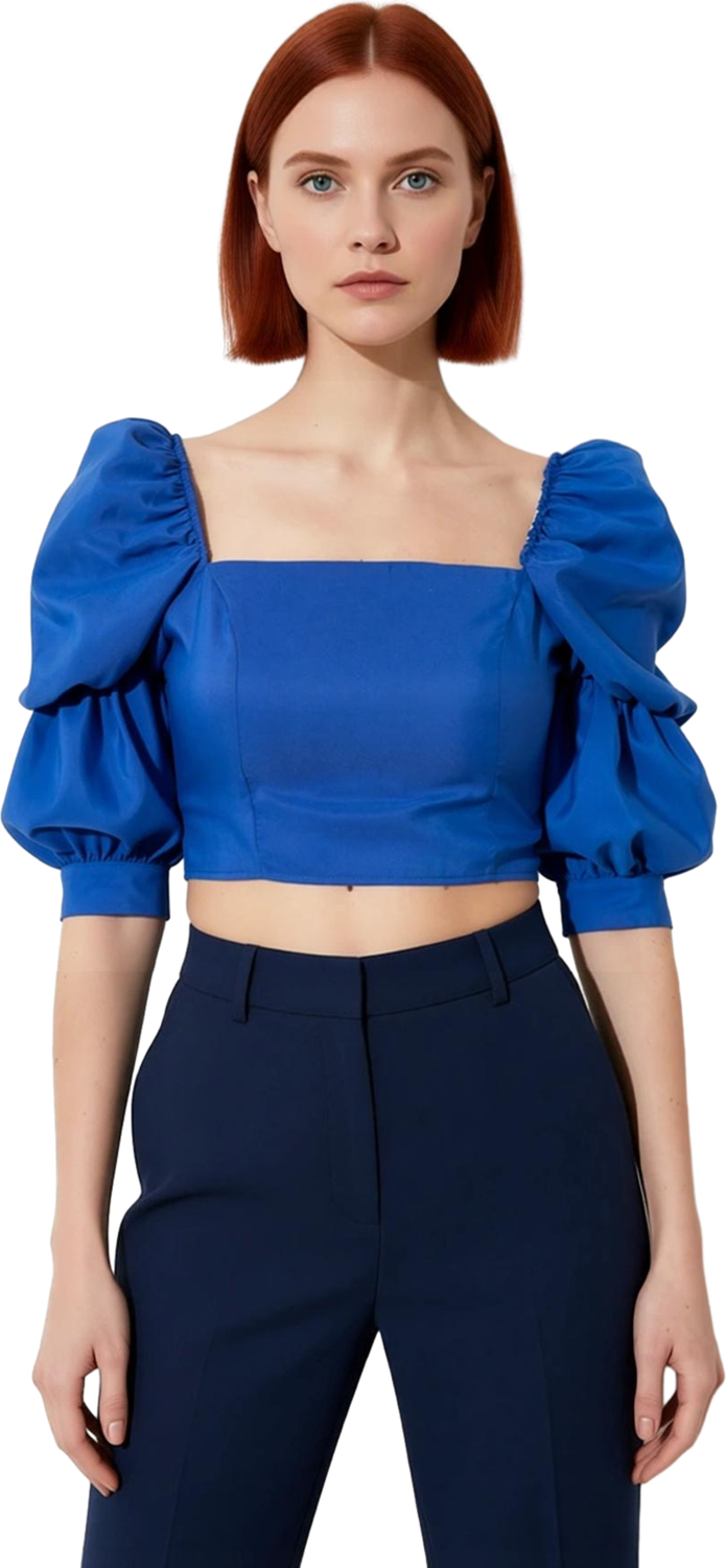 Kadın Feminine Fitted Kare Yaka Dokuma Bluz Balon Kol Truvakar Kol Günlük Casual Yazlık Kaliteli