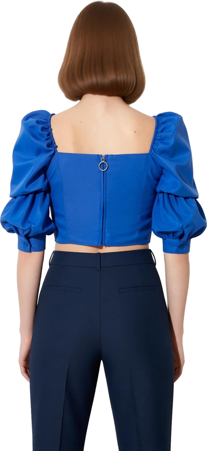 Kadın Feminine Fitted Kare Yaka Dokuma Bluz Balon Kol Truvakar Kol Günlük Casual Yazlık Kaliteli