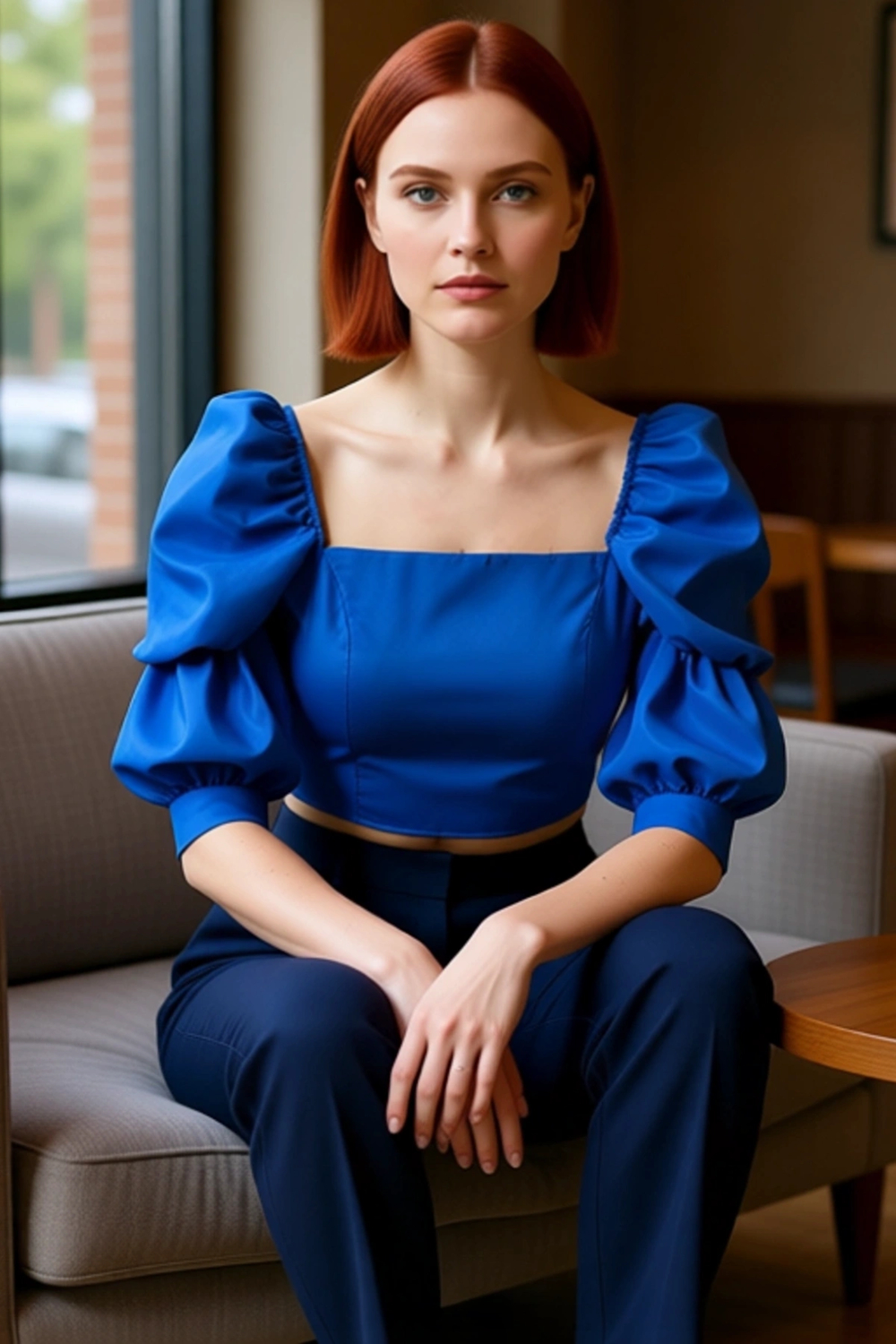 Kadın Feminine Fitted Kare Yaka Dokuma Bluz Balon Kol Truvakar Kol Günlük Casual Yazlık Kaliteli