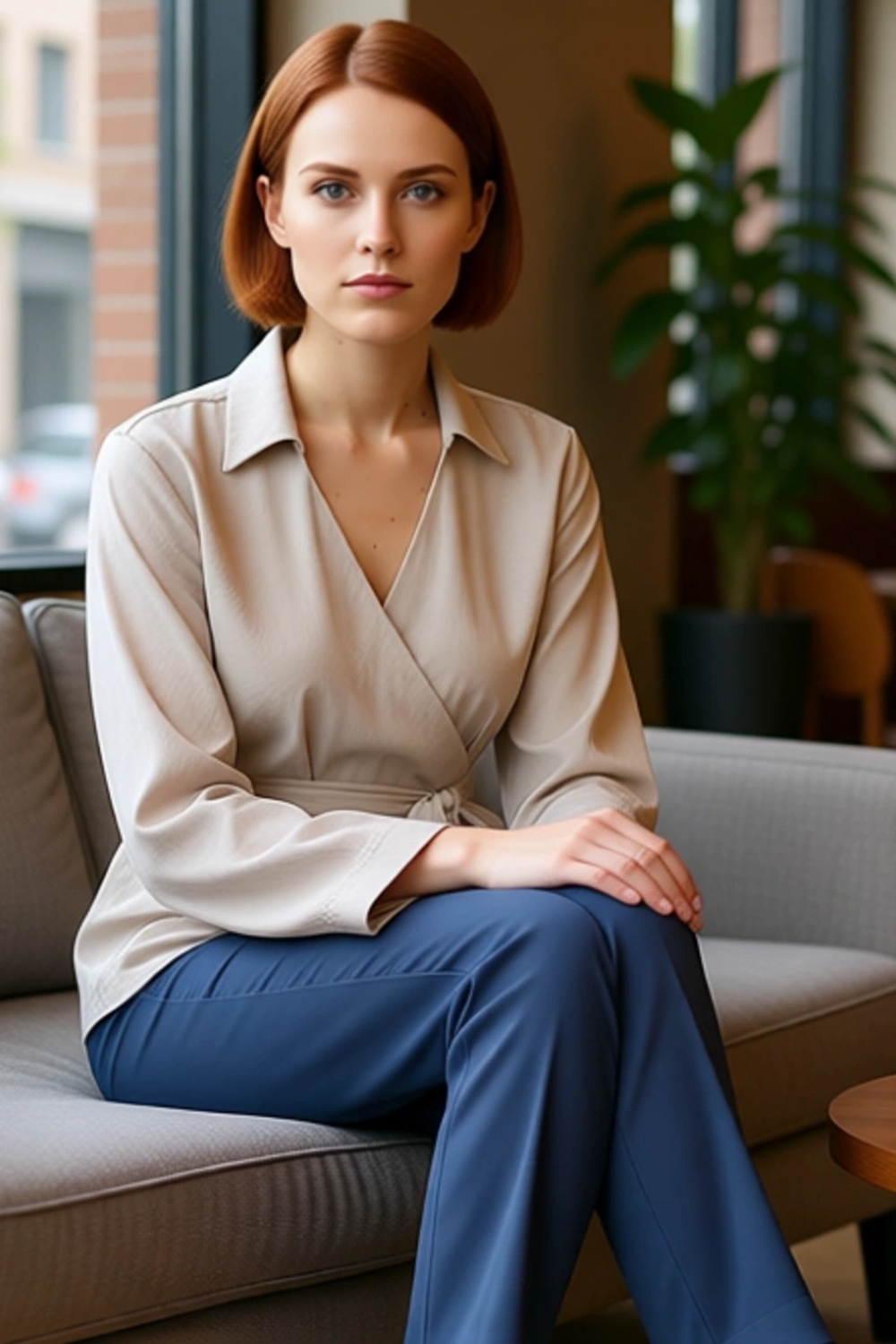 Kadın Günlük Kullanım İçin Relaxed Kalıp V Yaka Kruvaze Dokuma Bluz %100 Polyester Ağaç Kabuğu