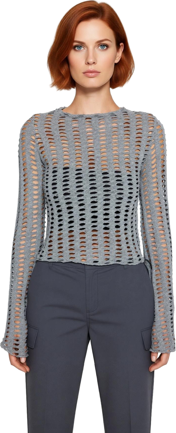 Kadın Bisiklet Yaka Regular Kalıp Uzun Kollu Crop Örme Bluz Polyester Karışımlı İnce Yapı İlkbahar