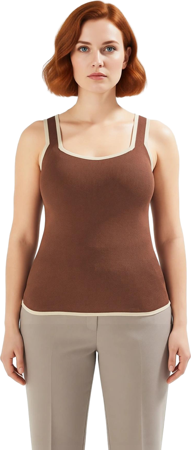 Kadın İnce Triko Bluz Kare Yaka Bodycon Kesim Kalın Askılı Kahverengi Ramadan Koleksiyonu Kaliteli