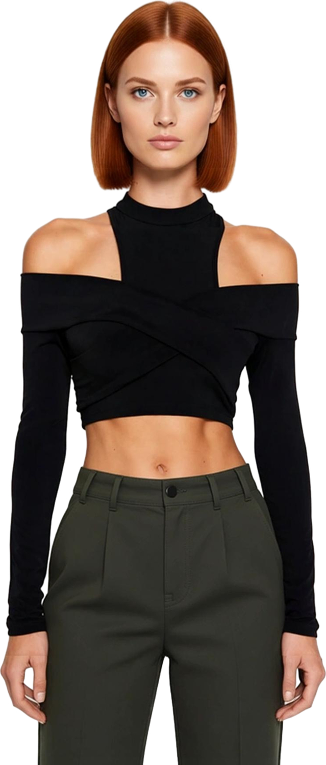 Kadın Crop Bluz Dik Yaka Pencere Detaylı Uzun Kollu Polyester Karışımı Esnek Örme Kumaş Basic