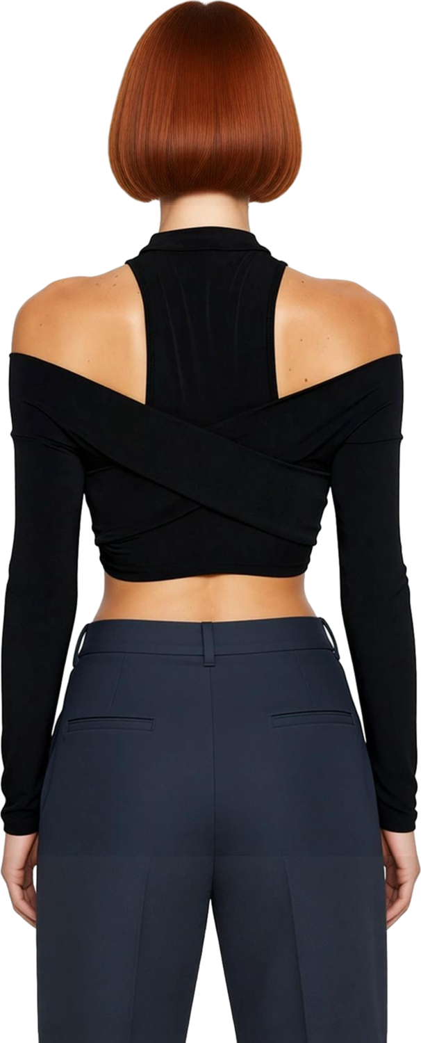 Kadın Crop Bluz Dik Yaka Pencere Detaylı Uzun Kollu Polyester Karışımı Esnek Örme Kumaş Basic