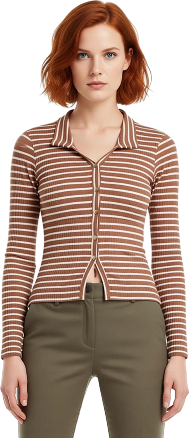 Kadınlar İçin Polo Yaka Çizgili Slim Fit Düğmeli Örme Bluz Kaliteli Şık Rahat Modern Zarif