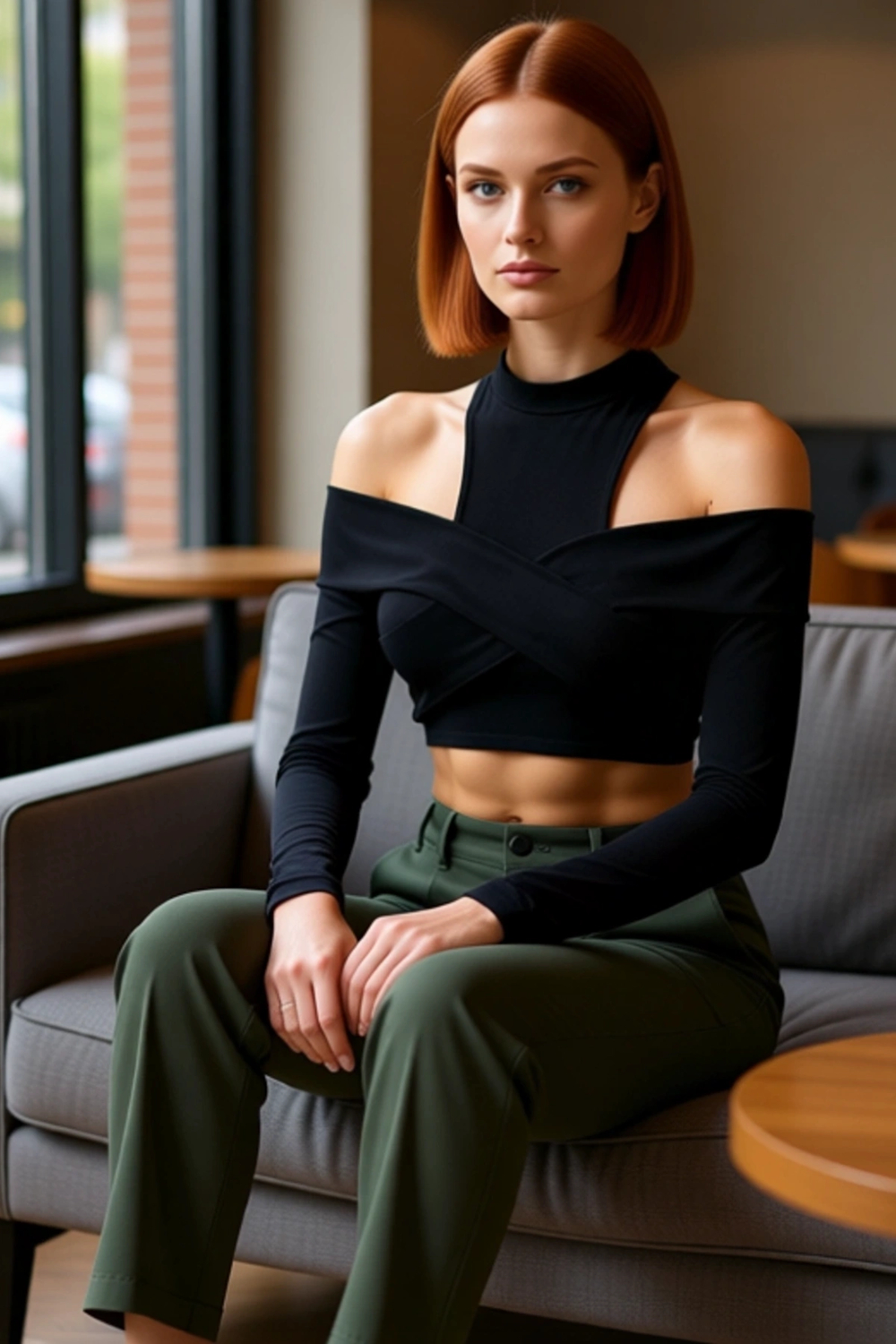 Kadın Crop Bluz Dik Yaka Pencere Detaylı Uzun Kollu Polyester Karışımı Esnek Örme Kumaş Basic