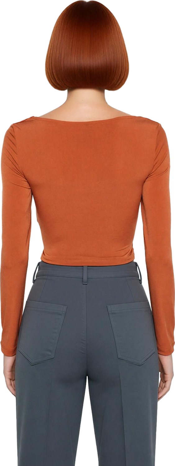 Moda Kalp Yaka Örme Fit Düz Desen Şık gece Crop Uzun Kol Bluz