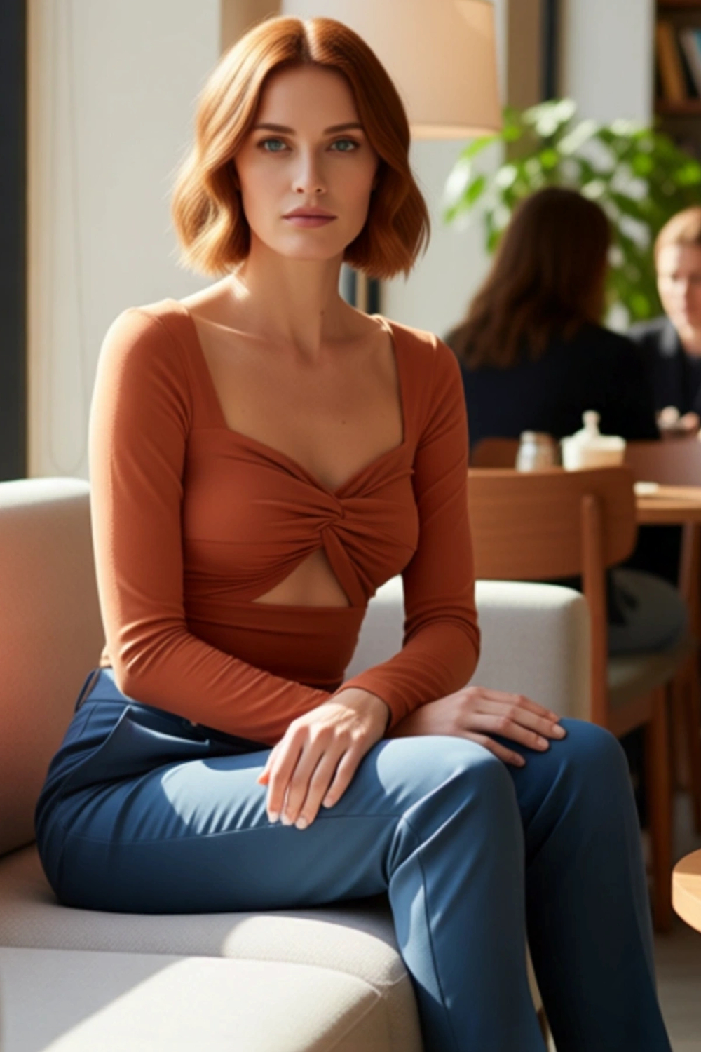 Moda Kalp Yaka Örme Fit Düz Desen Şık gece Crop Uzun Kol Bluz