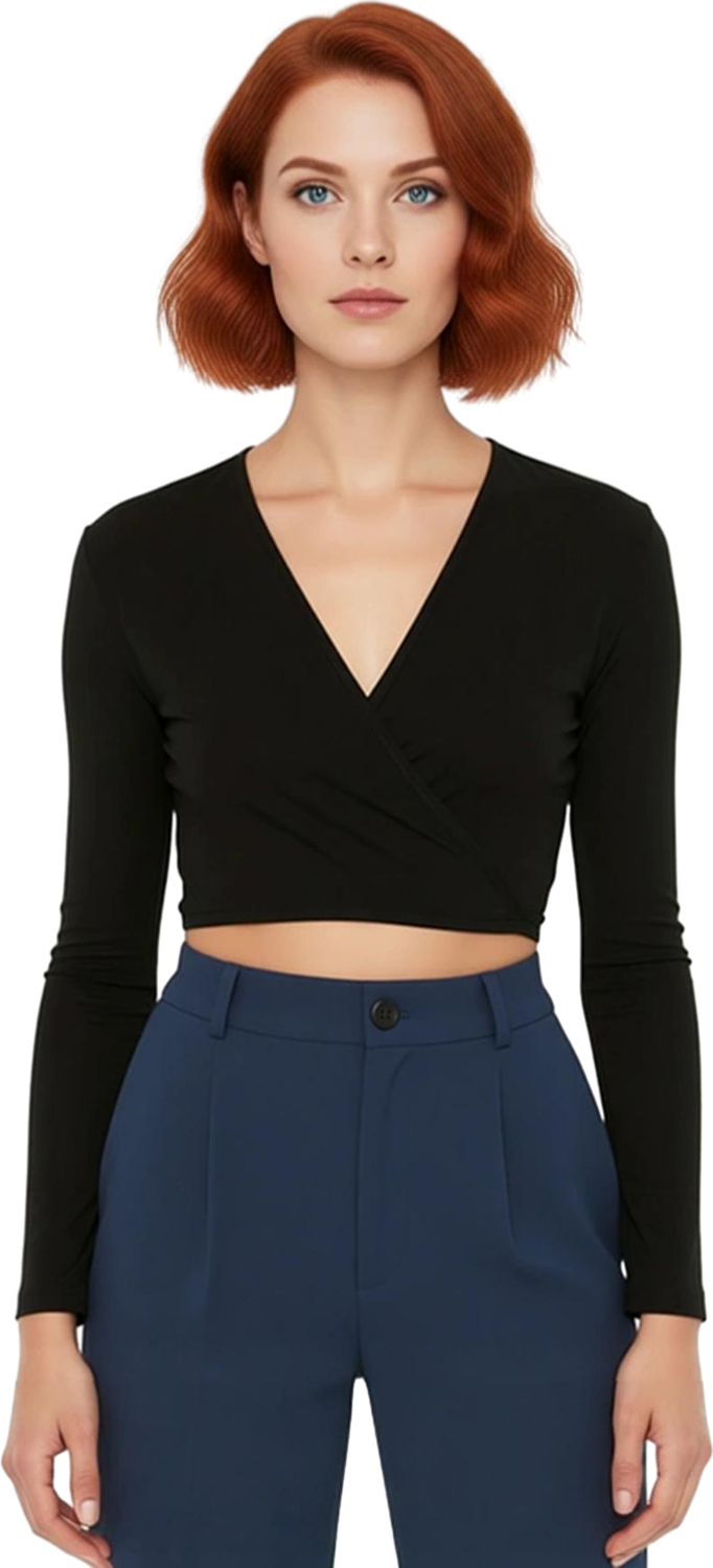 Kadın V Yaka Uzun Kollu Crop Bluz Esnek Örme Kumaşıyla Yazın Cool & Comfort İhtiyacını Karşılar