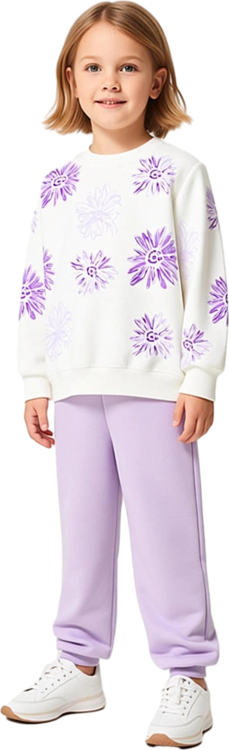 Kız Çocuk Pamuklu Örme Takım Sweatshirt ve Eşofman Altı Çiçek Desenli Kaliteli Şık Rahat