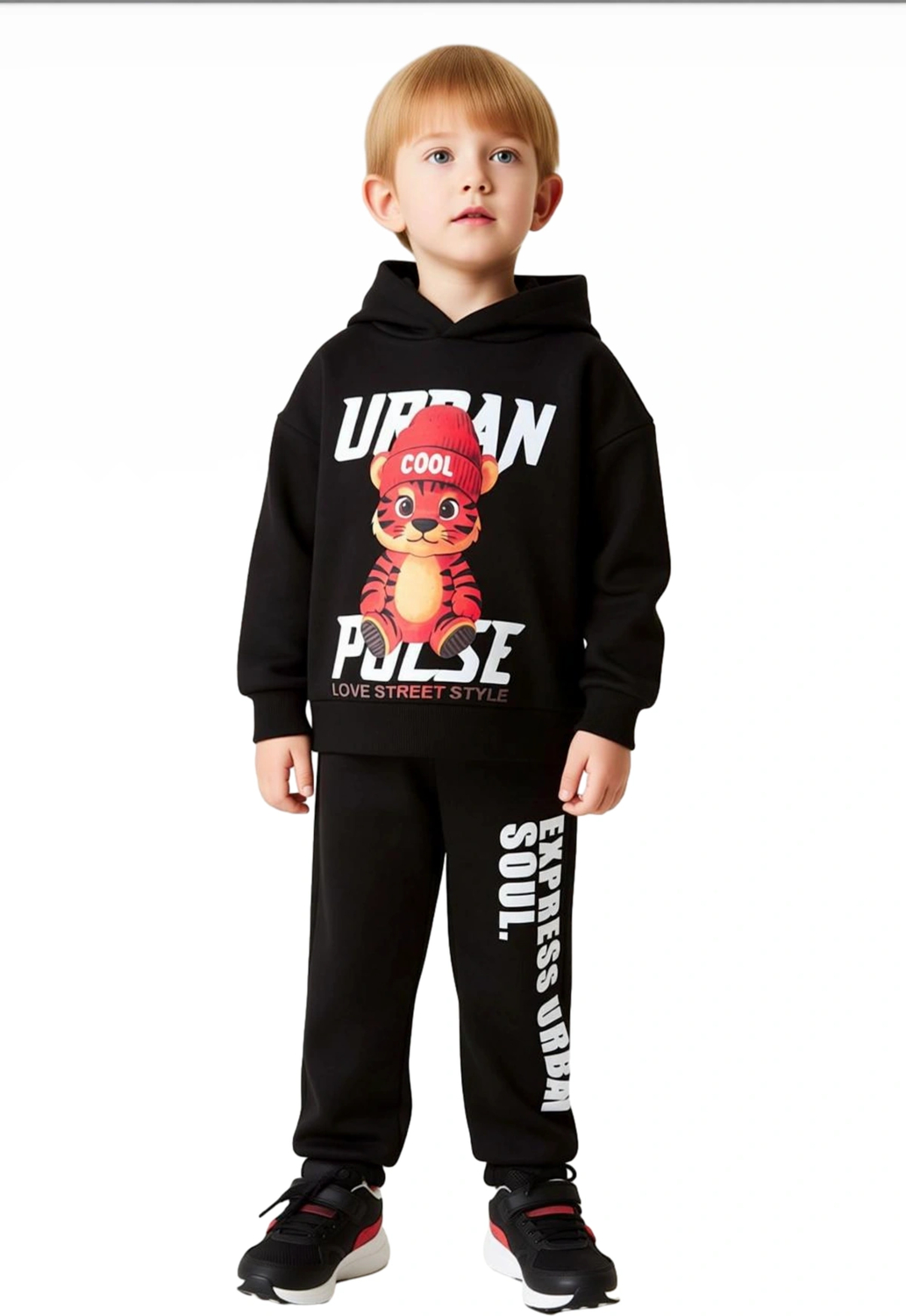 Erkek Çocuk Kapüşonlu Sweatshirt ve Eşofman Altı Kaplan Figürlü Şık Takım Kaliteli Şık Rahat