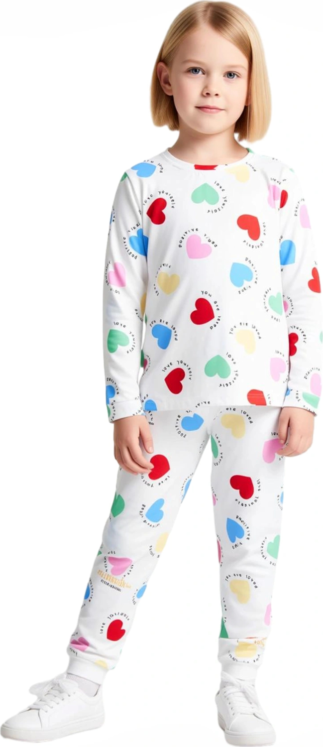 Kız Çocuk Pamuk Polyester Örme Kalp Baskılı Pijama Takımı Kaliteli Şık Rahat  Günlük