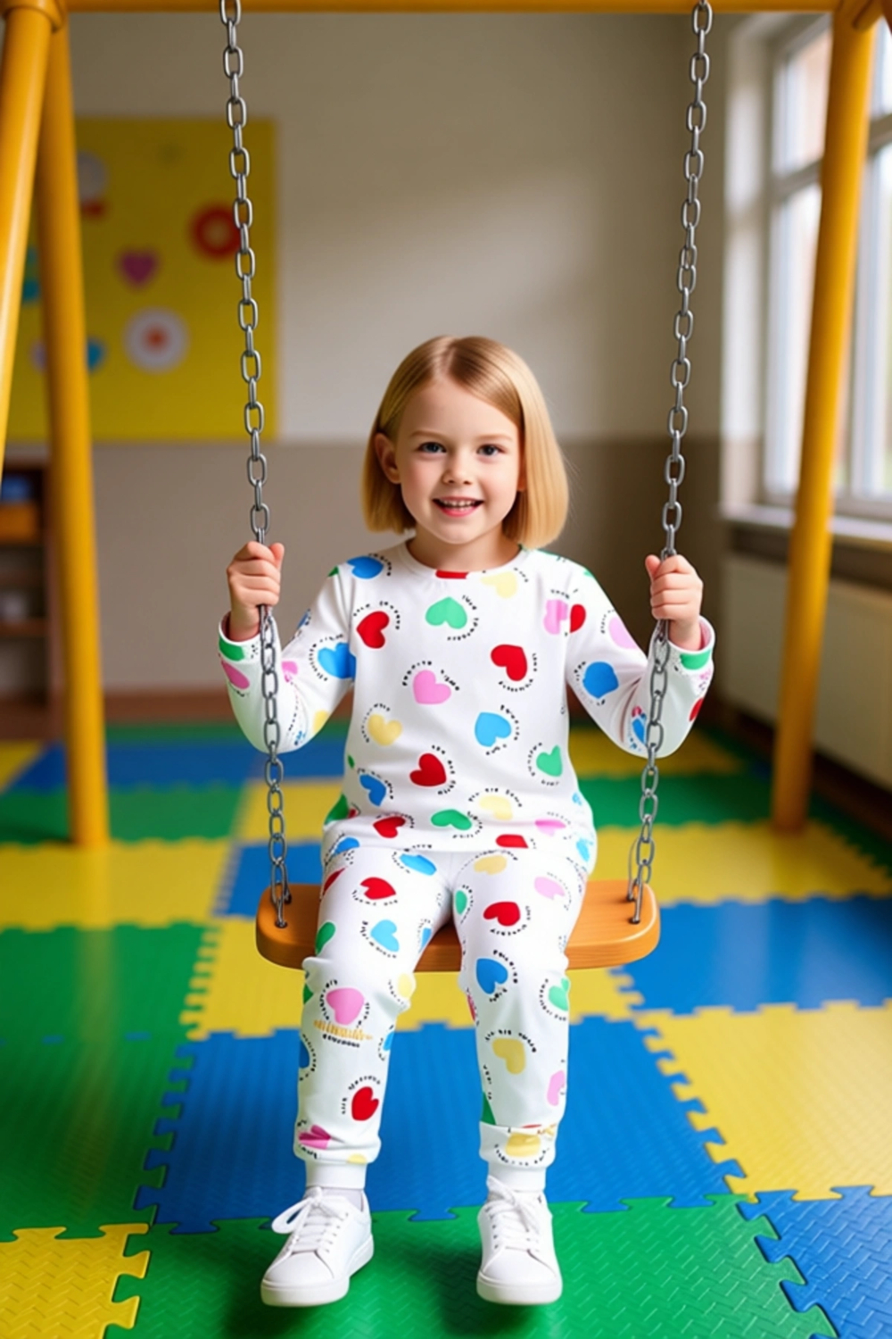 Kız Çocuk Pamuk Polyester Örme Kalp Baskılı Pijama Takımı Kaliteli Şık Rahat  Günlük