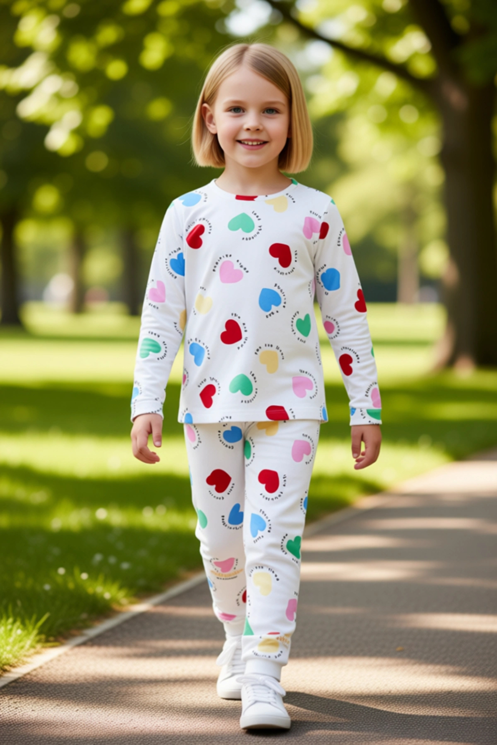 Kız Çocuk Pamuk Polyester Örme Kalp Baskılı Pijama Takımı Kaliteli Şık Rahat  Günlük