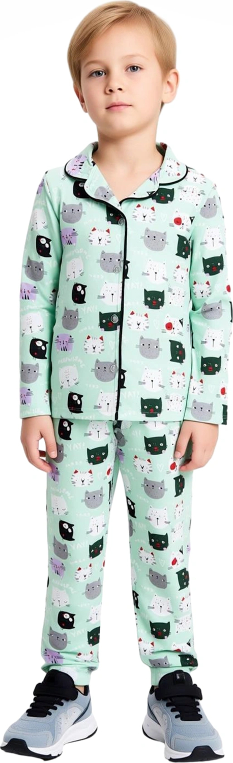 Erkek Çocuklar İçin Eğlenceli Kedi Baskılı Pijama Takımı Kaliteli Şık Rahat Günlük