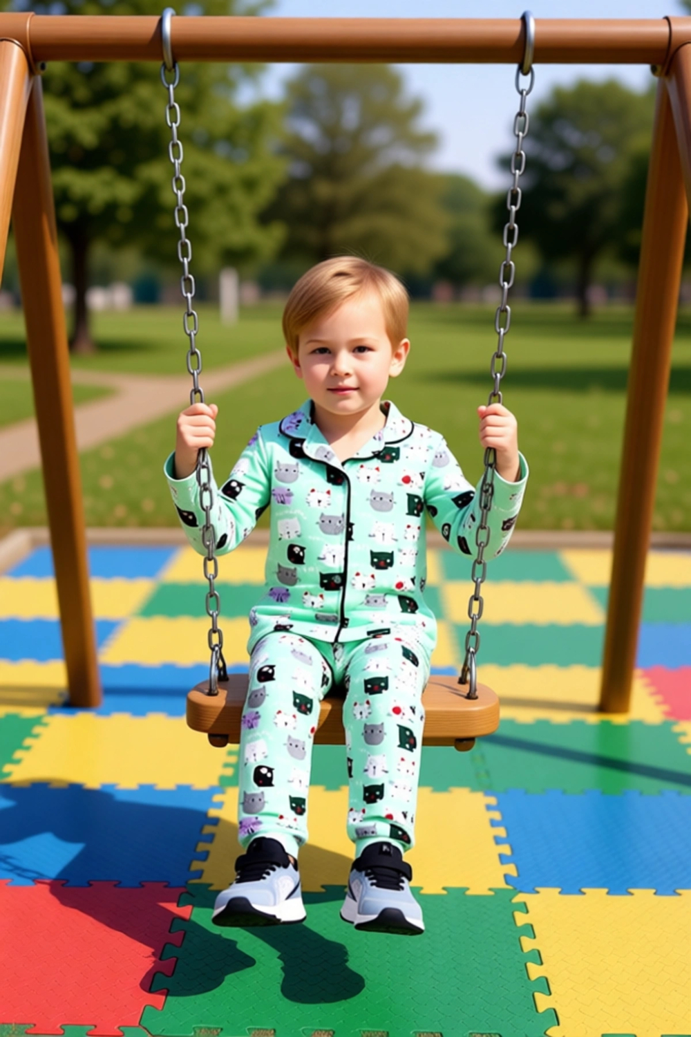 Erkek Çocuklar İçin Eğlenceli Kedi Baskılı Pijama Takımı Kaliteli Şık Rahat  Günlük