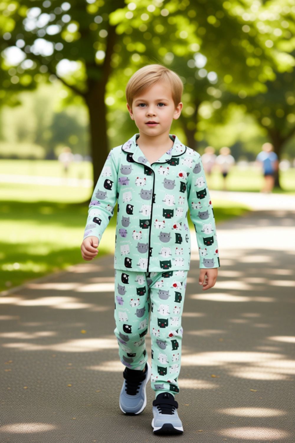 Erkek Çocuklar İçin Eğlenceli Kedi Baskılı Pijama Takımı Kaliteli Şık Rahat  Günlük