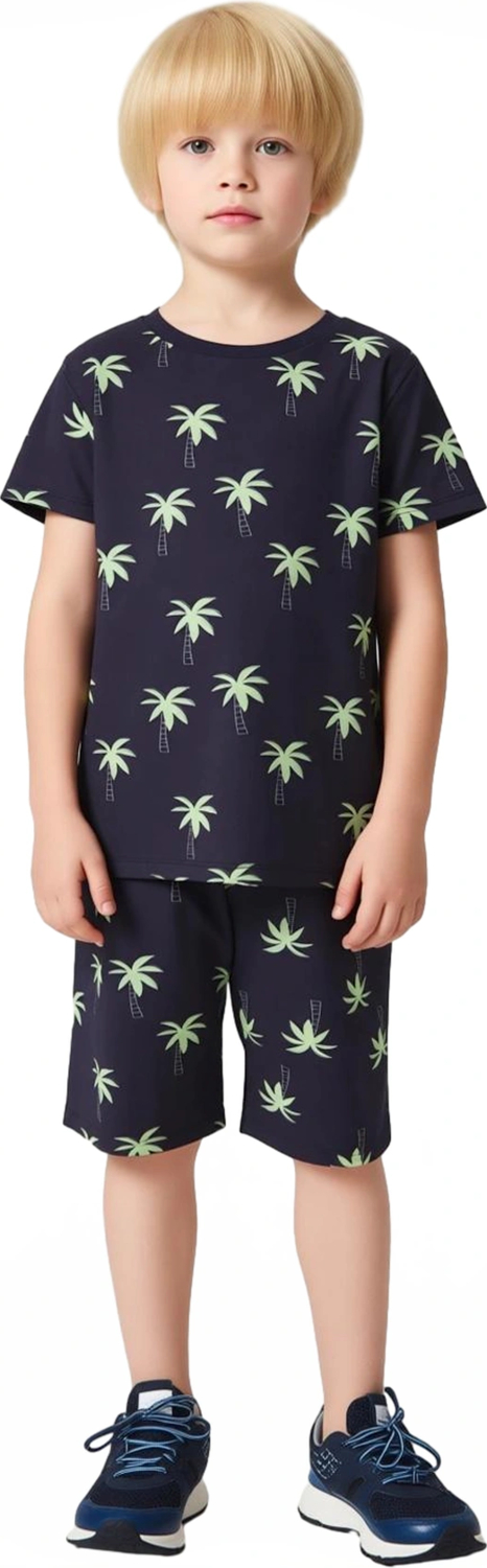 Erkek Çocuk Tropikal Desenli Örme Pijama Seti Tişört ve Şort Kaliteli Şık Rahat