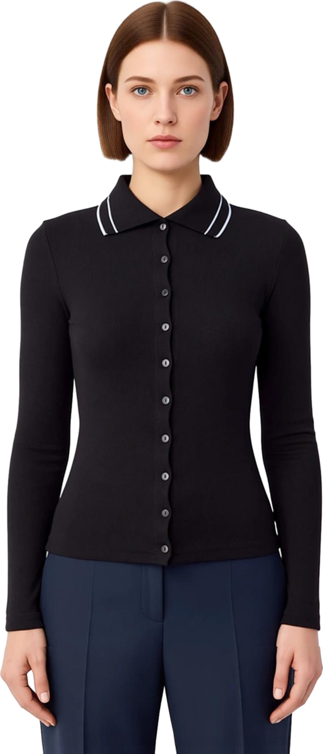 Kadın Düğmeli Polo Yaka Slim Fit Uzun Kollu Örme Üst Kaliteli Şık Rahat Modern Zarif Günlük