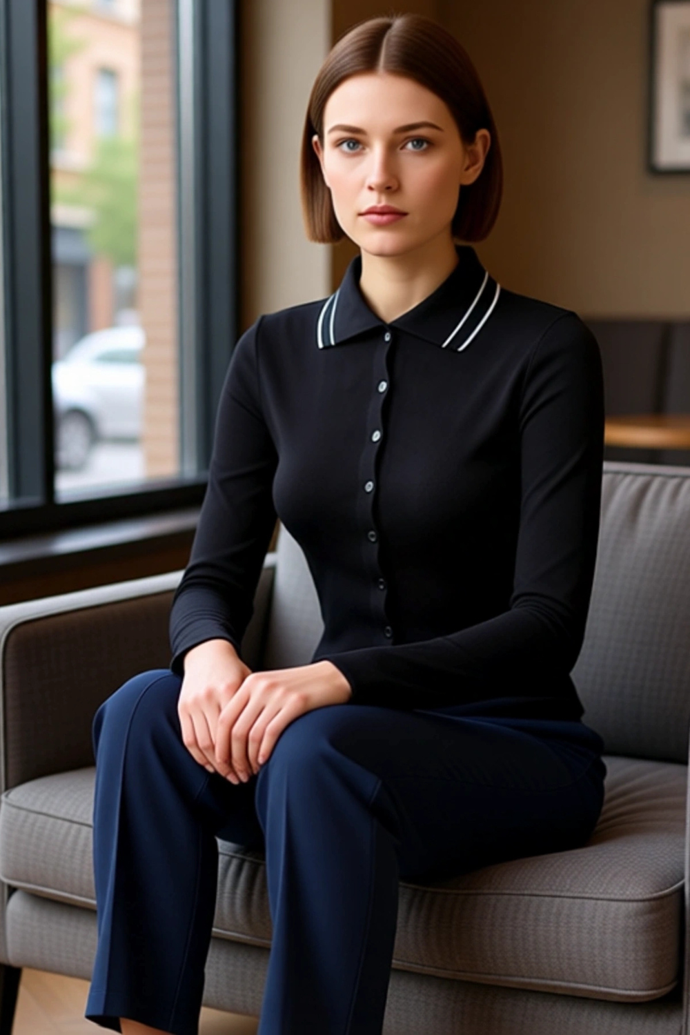 Kadın Düğmeli Polo Yaka Slim Fit Uzun Kollu Örme Üst Kaliteli Şık Rahat Modern Zarif Günlük