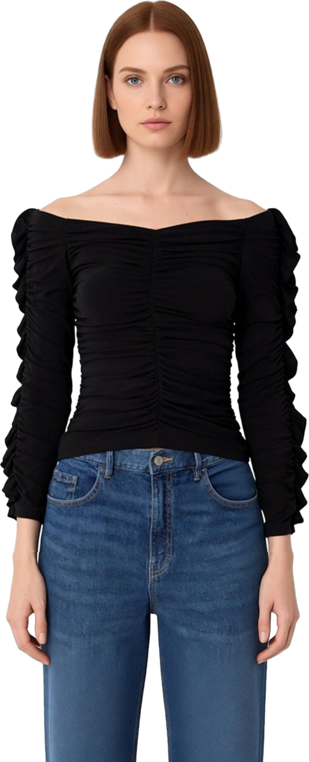 Kadın Off Shoulder Büzgülü Örme Bluz Kaliteli Şık Rahat Modern Zarif Günlük
