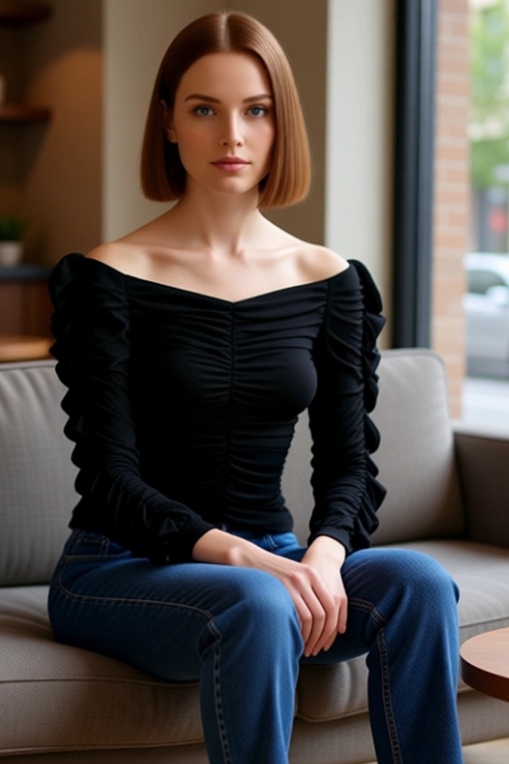 Kadın Off Shoulder Büzgülü Örme Bluz Kaliteli Şık Rahat Modern Zarif Günlük