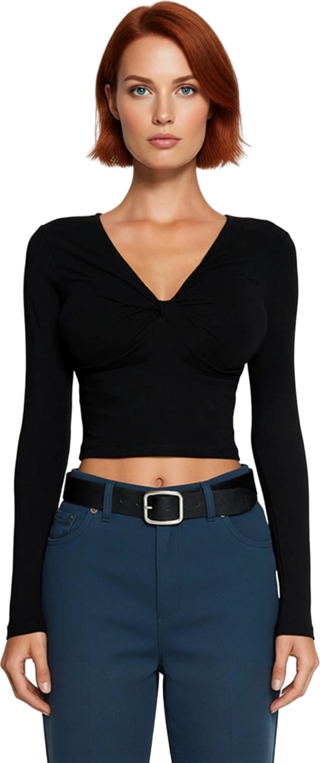 Stil Kadın Pamuklu Göğsü Büzgülü Fitted Vücuda Oturan Boy Bluz Regular Örme Slim Kalıp