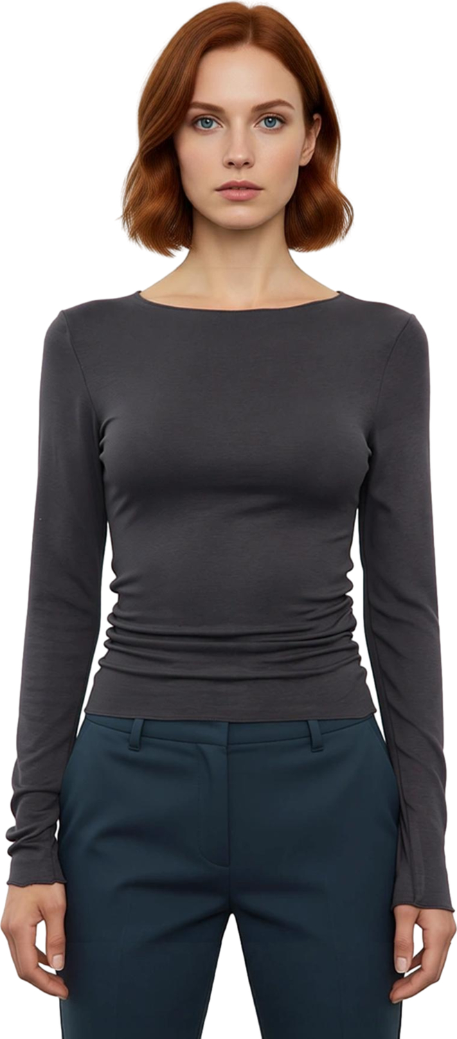 Stil Kadın Fitted Vücuda Oturan Büzgü Drape Detaylı Esnek Bluz Crop Örme Slim Kalıp Düşük Kol