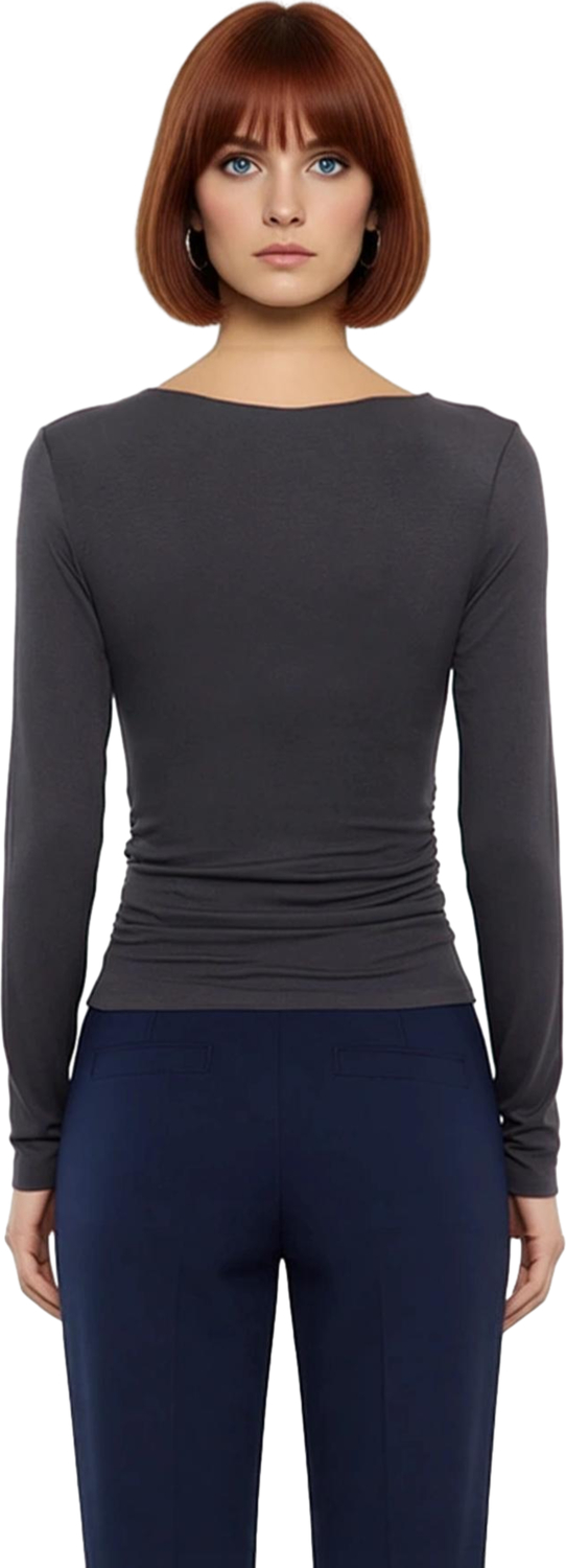 Stil Kadın Fitted Vücuda Oturan Büzgü Drape Detaylı Esnek Bluz Crop Örme Slim Kalıp Düşük Kol