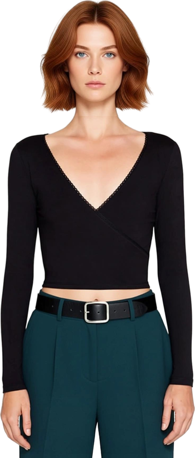 Moda Kruvaze Örme Slim Düz Desen Casual Günlük Crop Uzun Kol Bluz