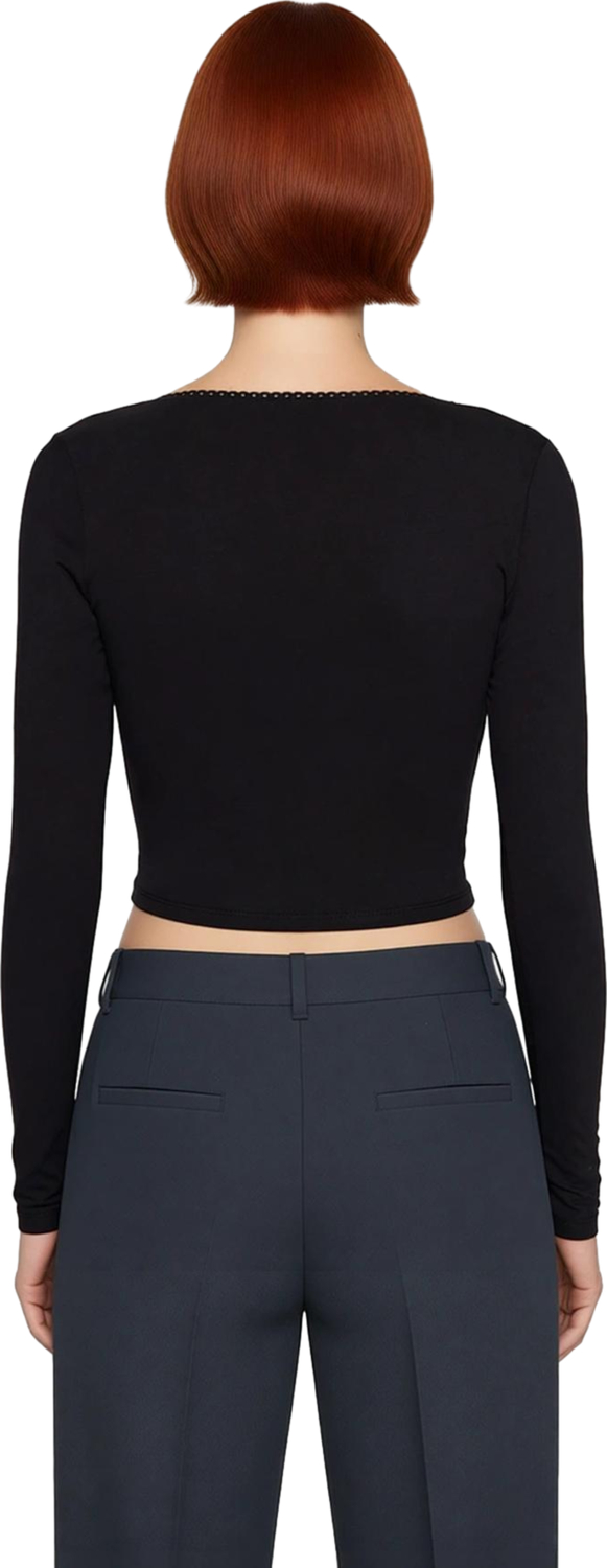 Moda Kruvaze Örme Slim Düz Desen Casual Günlük Crop Uzun Kol Bluz