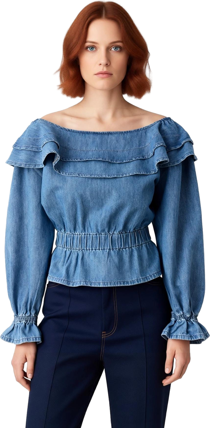 Kadın Pamuk Denim Bluz Carmen Yaka ve Balon Kol Detaylı Şık Tasarım Kaliteli Şık Rahat Modern