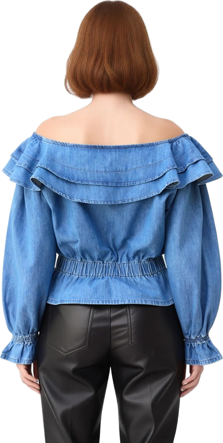 Kadın Pamuk Denim Bluz Carmen Yaka ve Balon Kol Detaylı Şık Tasarım Kaliteli Şık Rahat Modern