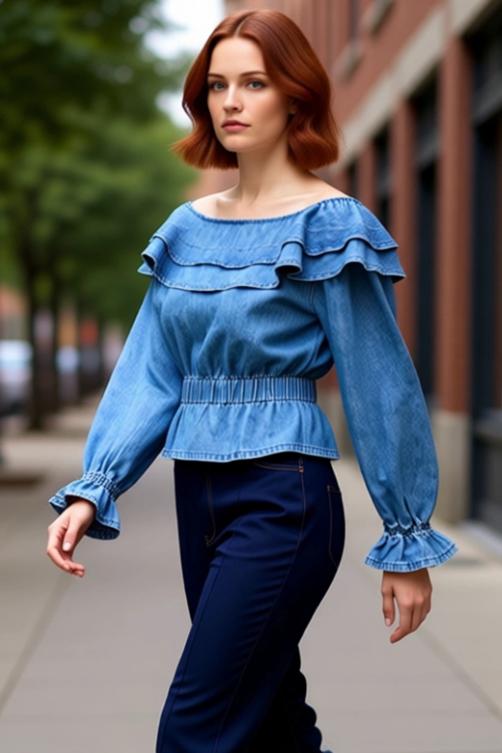 Kadın Pamuk Denim Bluz Carmen Yaka ve Balon Kol Detaylı Şık Tasarım Kaliteli Şık Rahat Modern