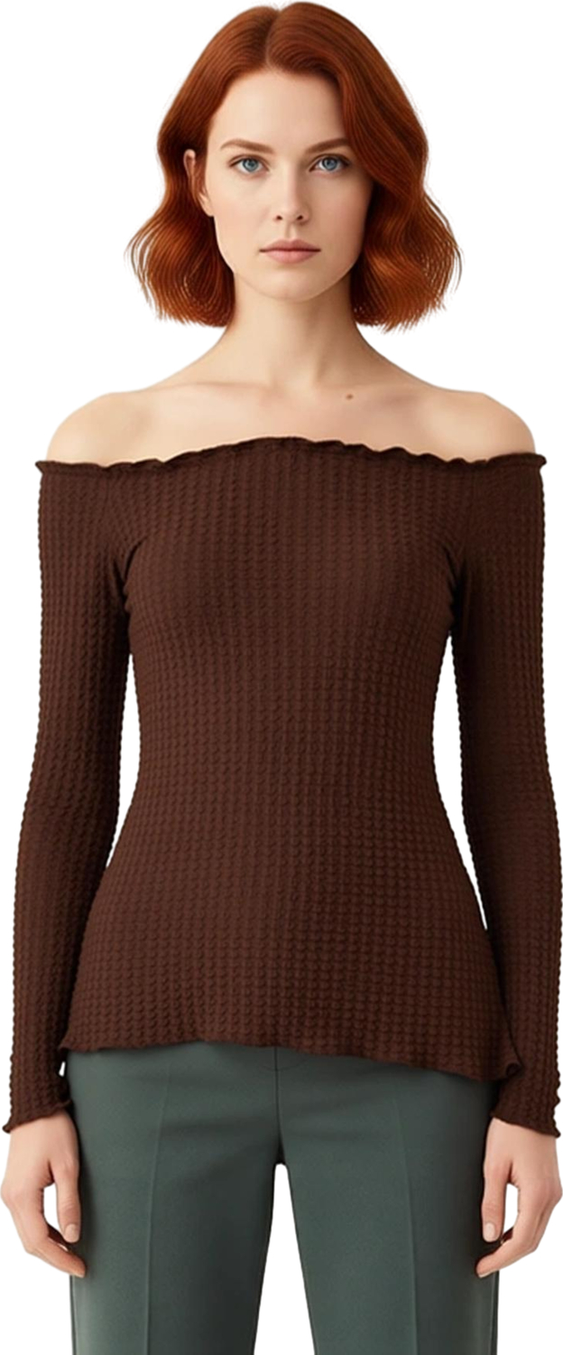 Kadın Off Shoulder Gofre Örme Bluz Asimetrik Hem Detaylı Kaliteli Şık Rahat Modern Zarif Günlük