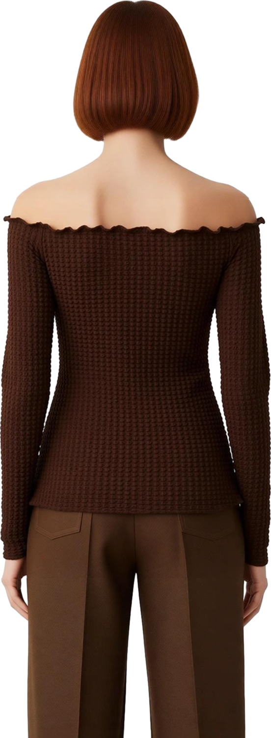 Kadın Off Shoulder Gofre Örme Bluz Asimetrik Hem Detaylı Kaliteli Şık Rahat Modern Zarif Günlük
