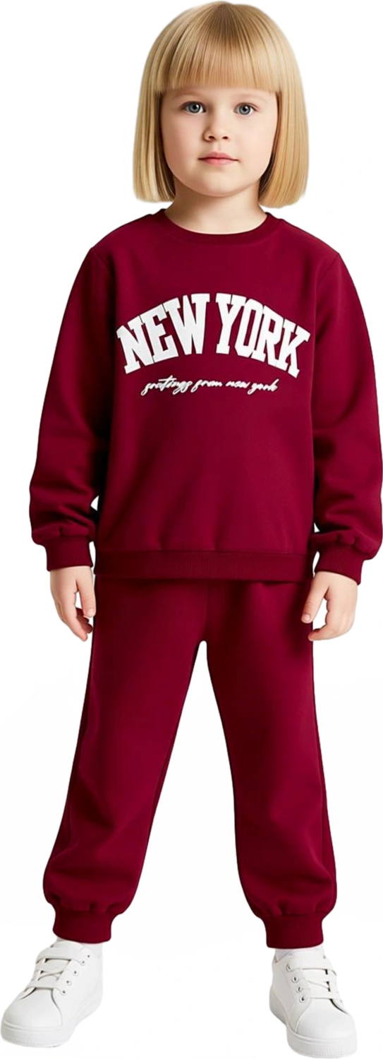 Kız Çocuk Pamuklu Slogan Baskılı Bisiklet Yaka Sweatshirt ve Eşofman Altı Takımı Kaliteli Şık