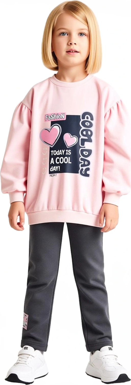 Kız Çocuk Pamuklu Slogan Baskılı Sweatshirt ve Tayt Seti Kaliteli Şık Rahat  Günlük