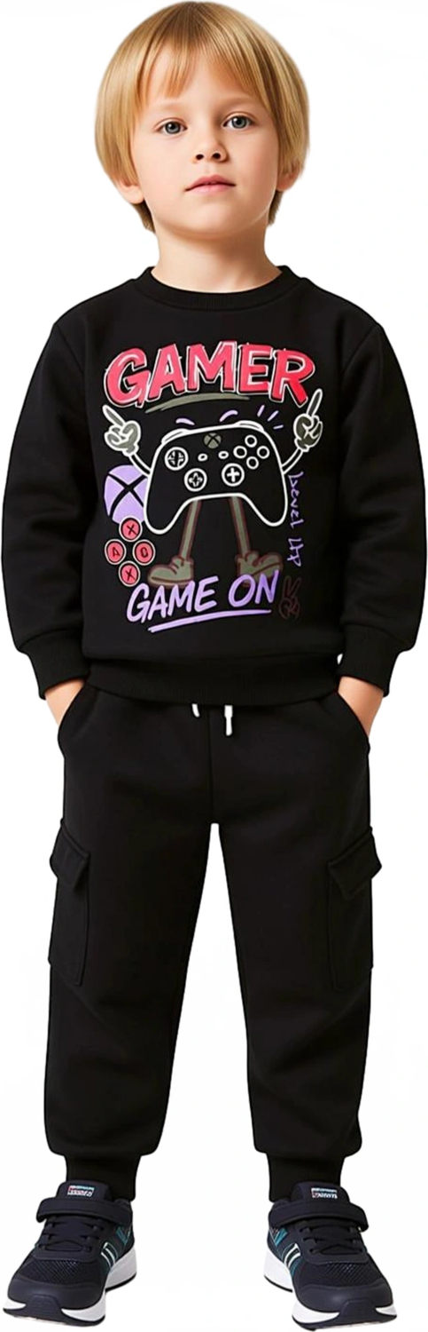 Genç Erkek Oyuncu Grafikli Bisiklet Yaka Sweatshirt ve Kargo Cepli Pantolon Seti Kaliteli Şık