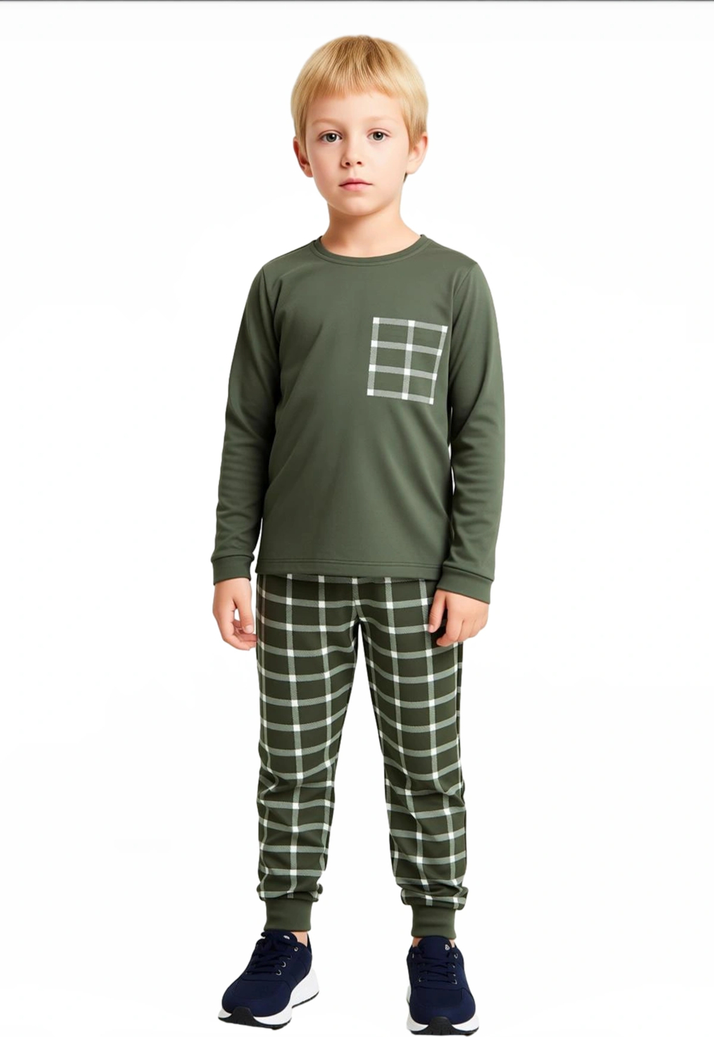 Erkek Çocuk Pamuk Polyester Örme Pijama Takımı Ekose Desenli Kaliteli Şık Rahat