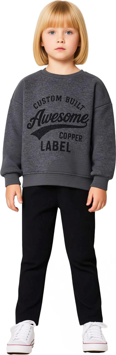 Kız Çocuk Slogan Baskılı Polar Sweatshirt ve Esnek Tayt İkili Takım Kaliteli Şık Rahat