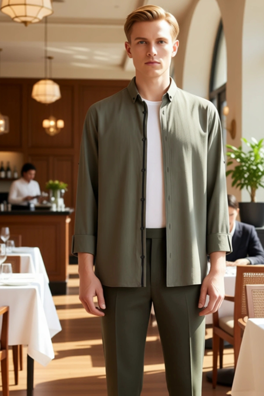Erkek Düğmeli Yaka Keten Görünümlü Slim Fit Apolet Detaylı Uzun Kollu Pamuklu Gömlek Rahat